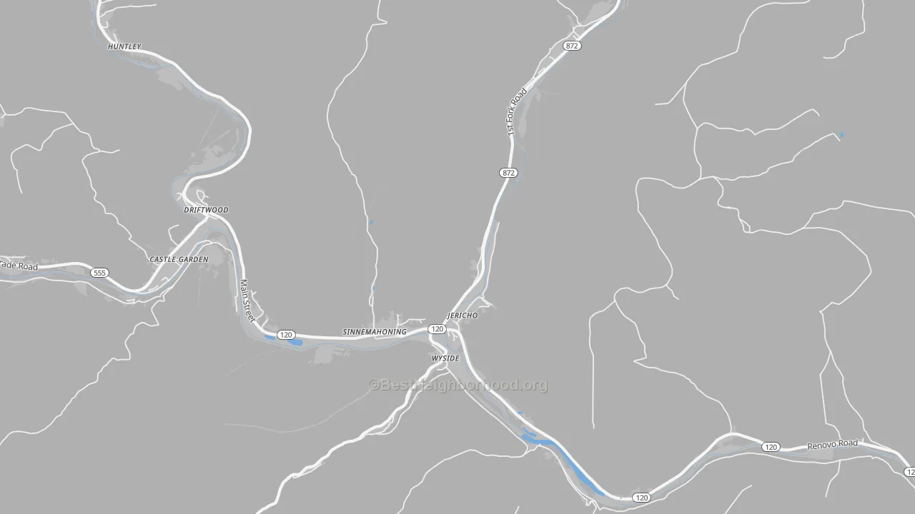 Walk Grade map of Sinnamahoning, PA, walkable areas in green and car-dependent areas in red