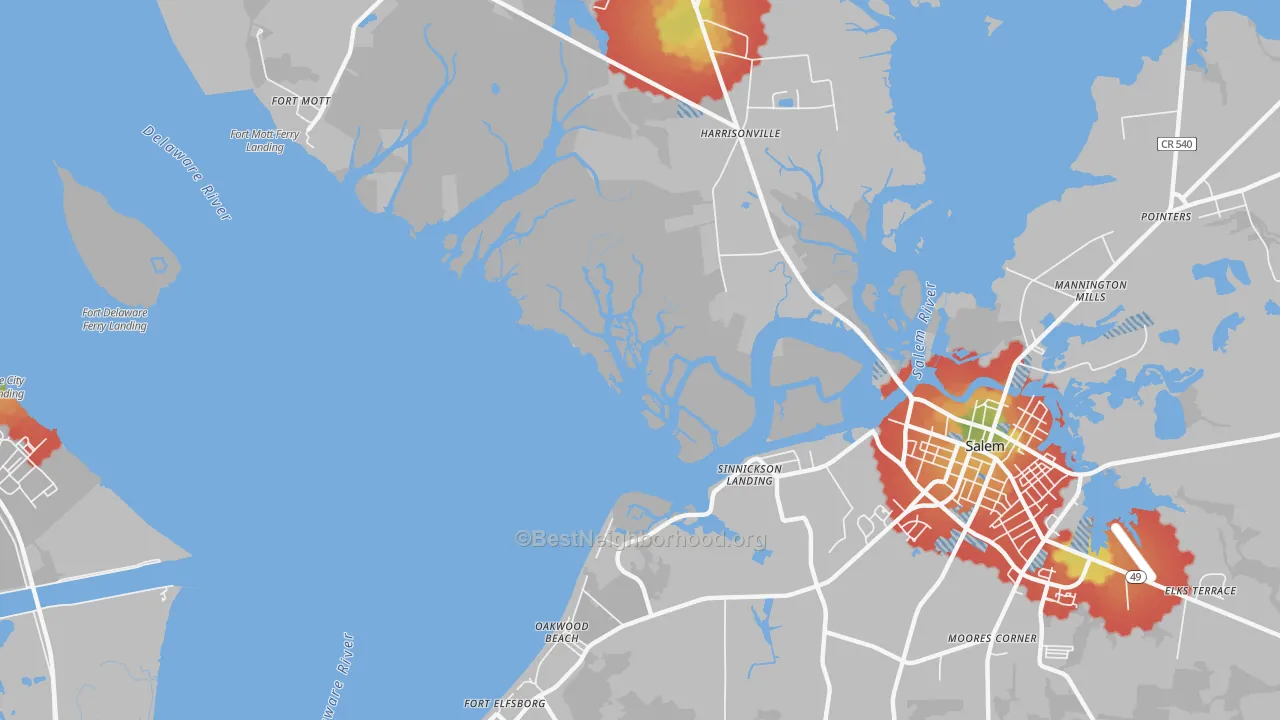 Walk Grade map of Sinnickson Landing, NJ, walkable areas in green and car-dependent areas in red