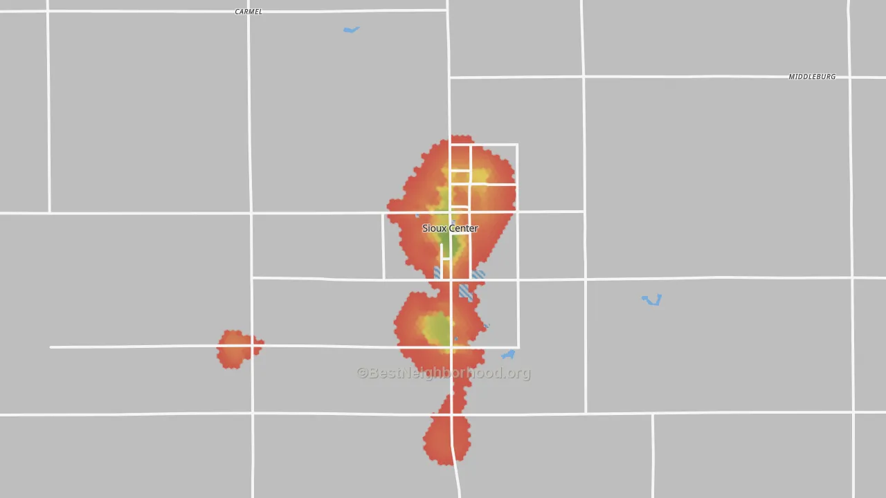 Walk Grade map of Sioux Center, IA, walkable areas in green and car-dependent areas in red