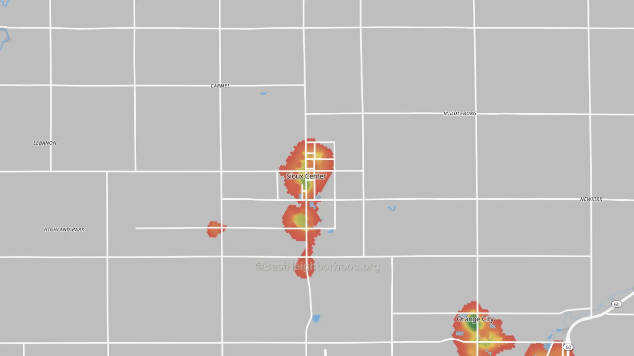 Walk Grade map of Sioux County, IA, walkable areas in green and car-dependent areas in red