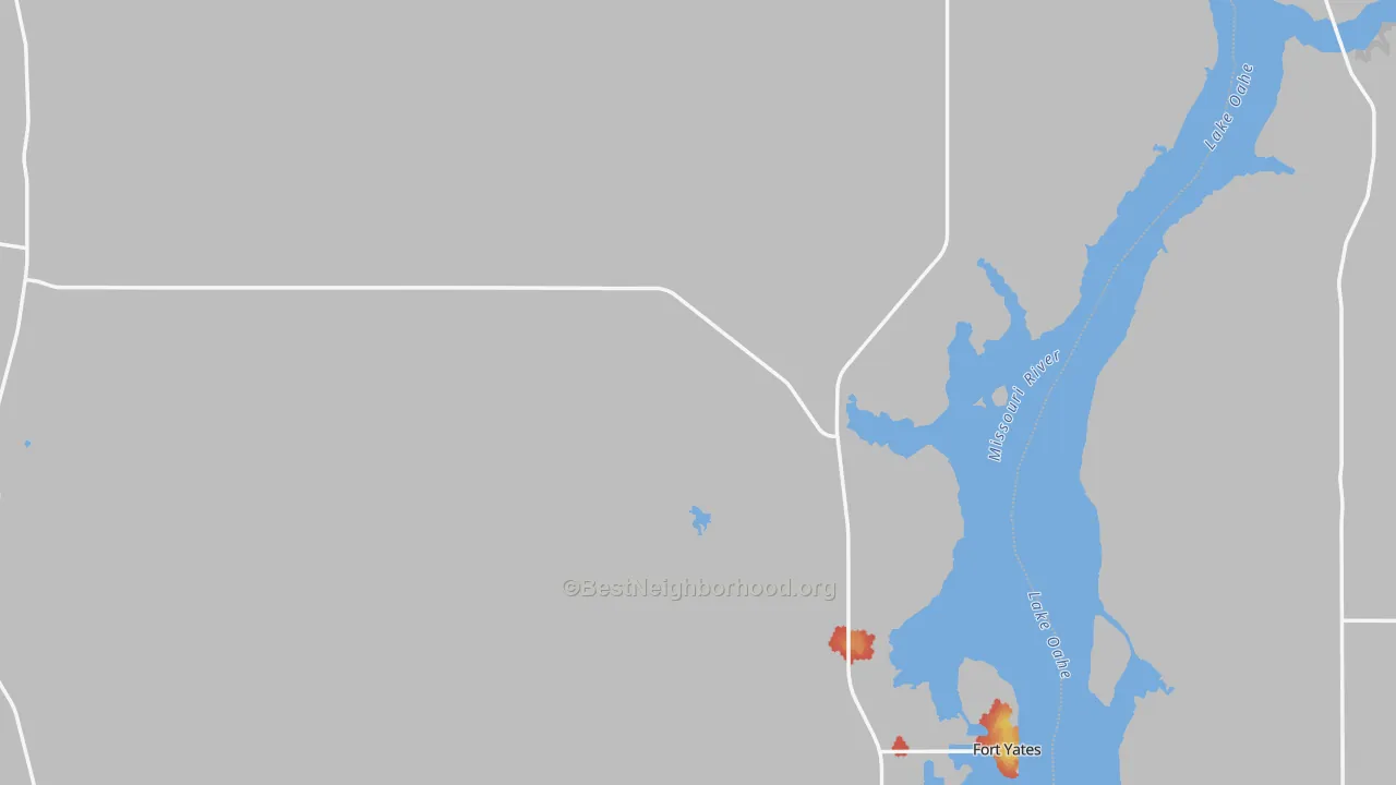 Walk Grade map of Sioux County, ND, walkable areas in green and car-dependent areas in red