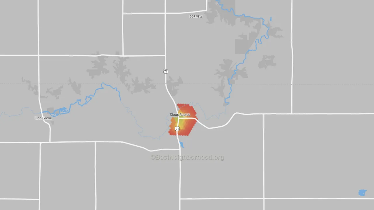 Walk Grade map of Sioux Rapids, IA, walkable areas in green and car-dependent areas in red