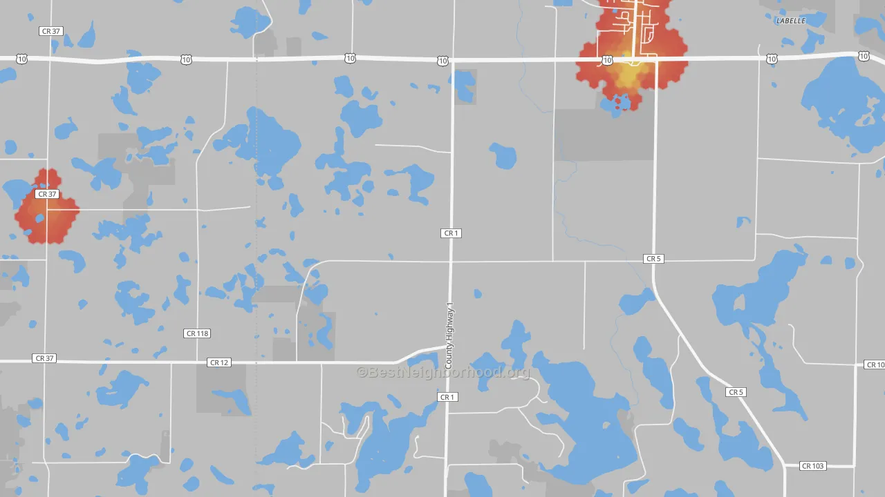 Walk Grade map of Sioux Valley, MN, walkable areas in green and car-dependent areas in red