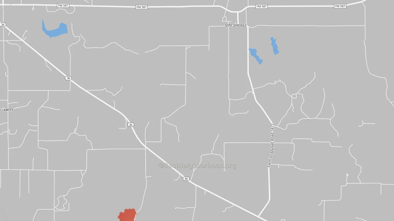 Walk Grade map of Sipe Springs, TX, walkable areas in green and car-dependent areas in red