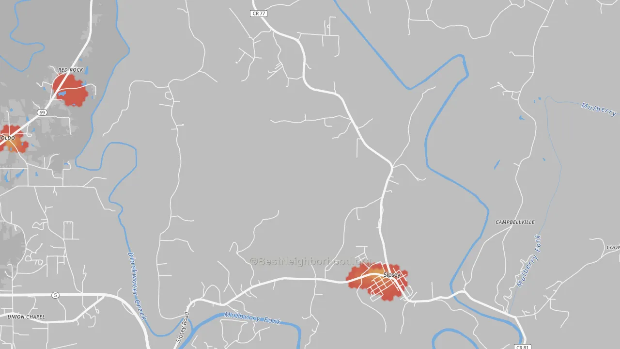 Walk Grade map of Sipsey, AL, walkable areas in green and car-dependent areas in red