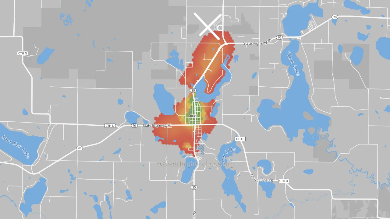 Walk Grade map of Siren, WI, walkable areas in green and car-dependent areas in red