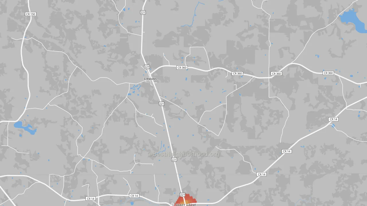 Walk Grade map of Sirmans, FL, walkable areas in green and car-dependent areas in red