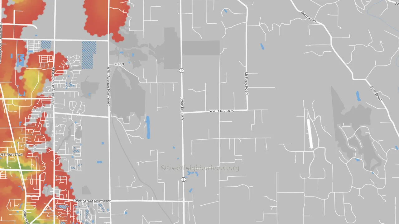 Walk Grade map of Sisco Heights, WA, walkable areas in green and car-dependent areas in red