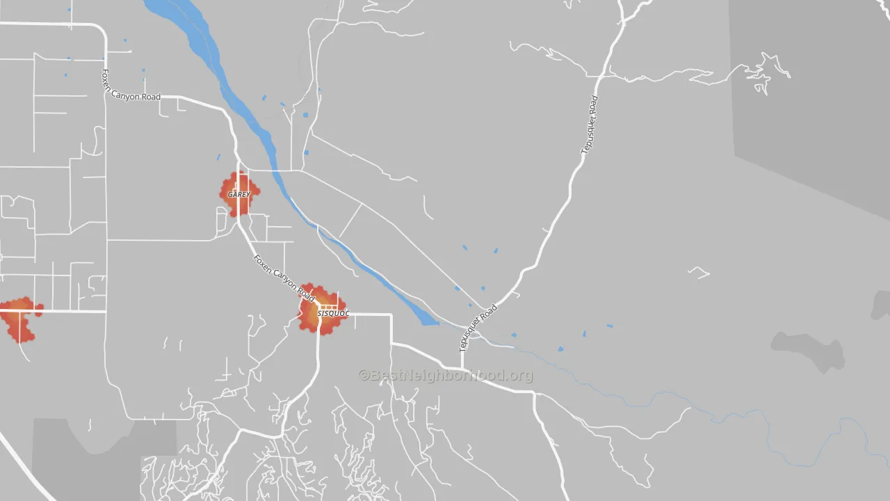 Walk Grade map of Sisquoc, CA, walkable areas in green and car-dependent areas in red