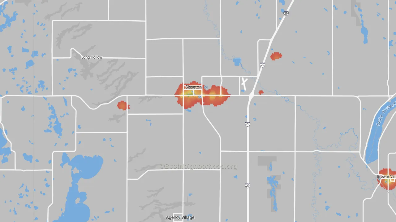 Walk Grade map of Sisseton, SD, walkable areas in green and car-dependent areas in red