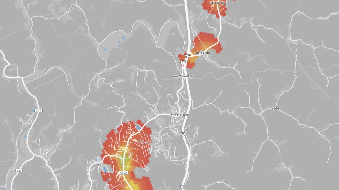 Walk Grade map of Sissonville, WV, walkable areas in green and car-dependent areas in red