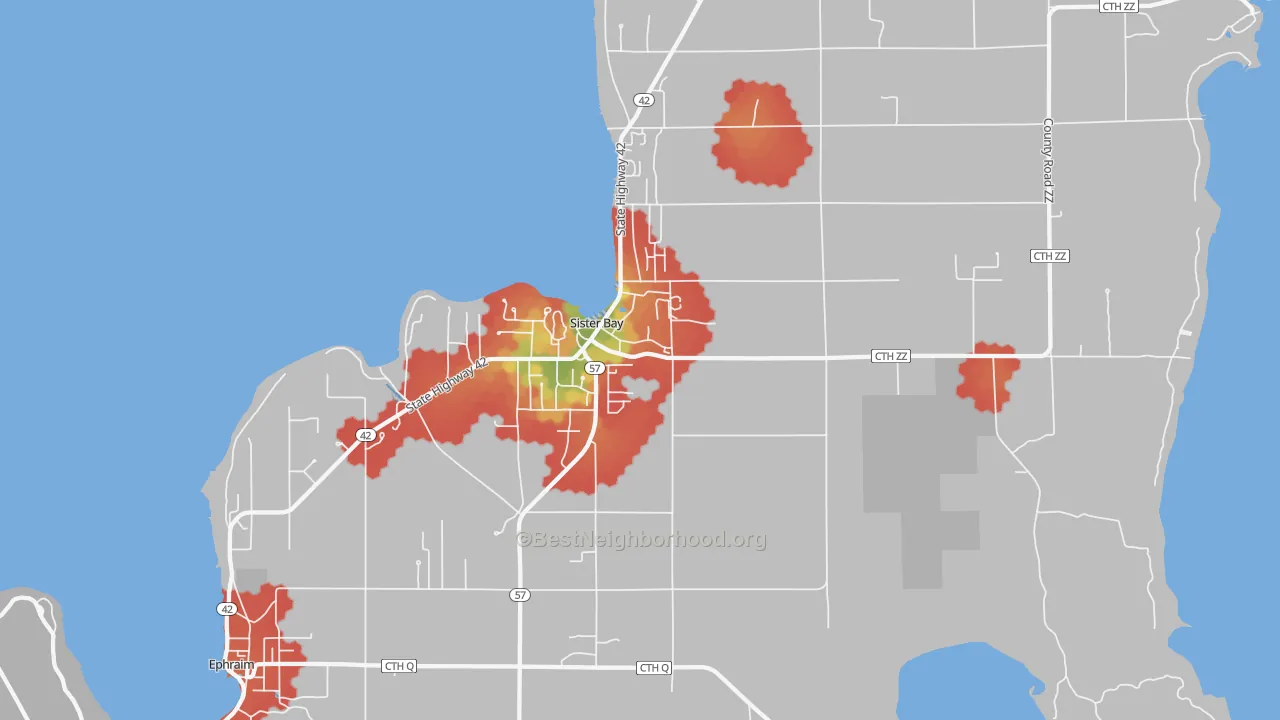 Walk Grade map of Sister Bay, WI, walkable areas in green and car-dependent areas in red