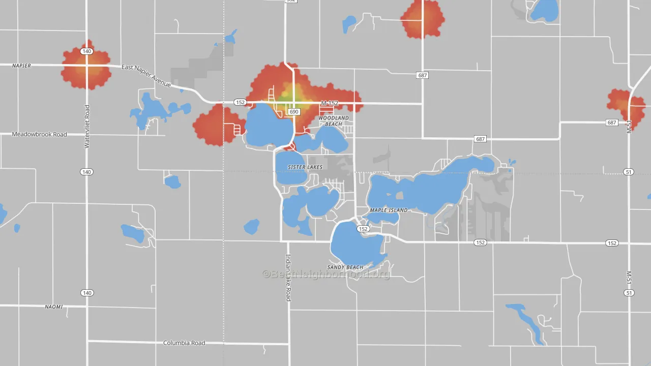Walk Grade map of Sister Lakes, MI, walkable areas in green and car-dependent areas in red