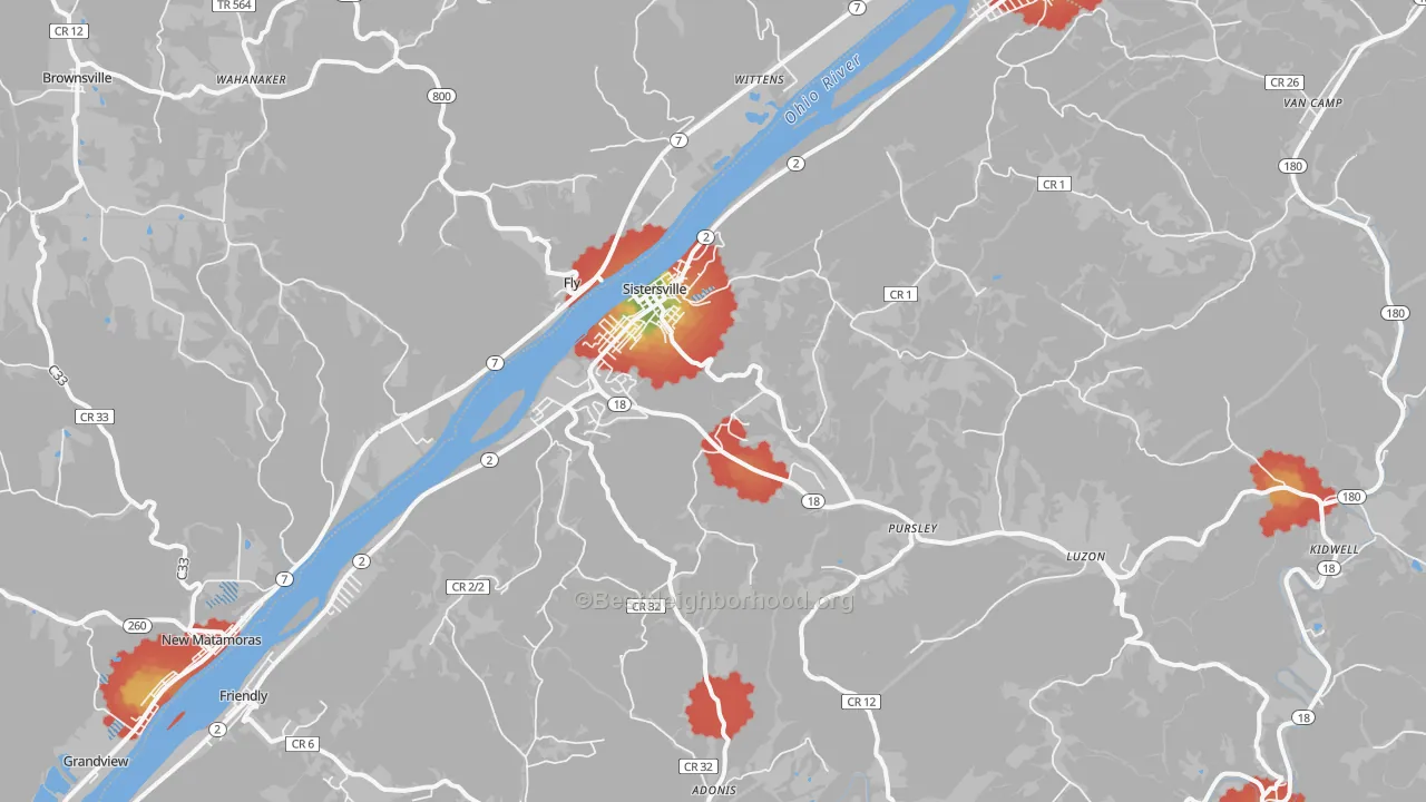 Walk Grade map of Sistersville, WV, walkable areas in green and car-dependent areas in red
