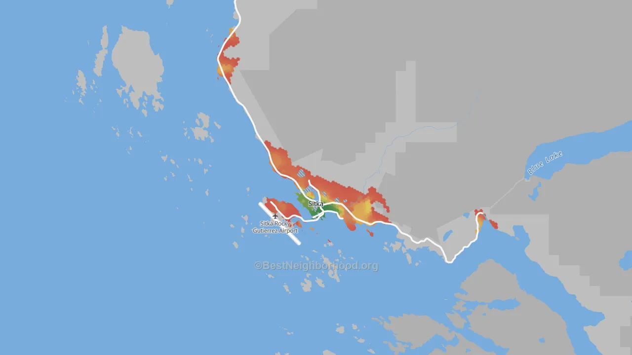 Walk Grade map of Sitka, AK, walkable areas in green and car-dependent areas in red