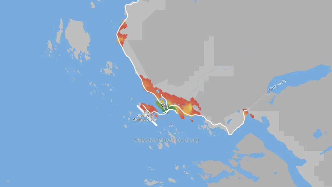 Walk Grade map of Sitka City and Borough, AK, walkable areas in green and car-dependent areas in red