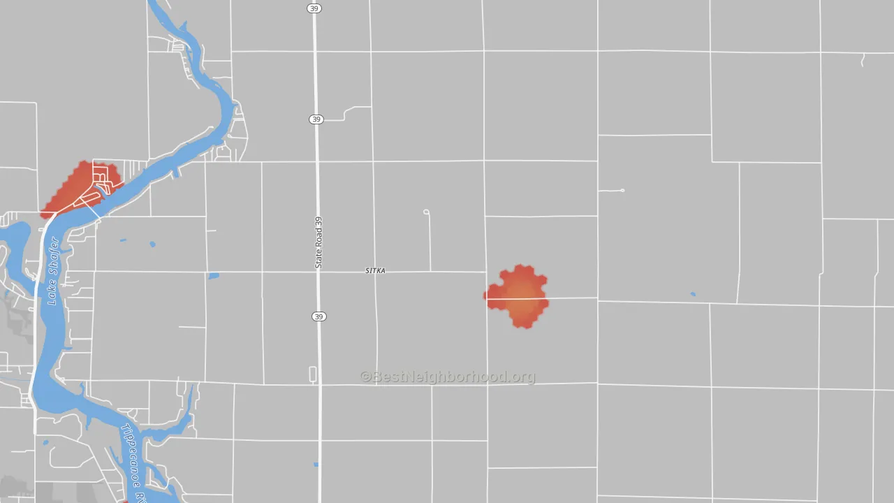 Walk Grade map of Sitka, IN, walkable areas in green and car-dependent areas in red