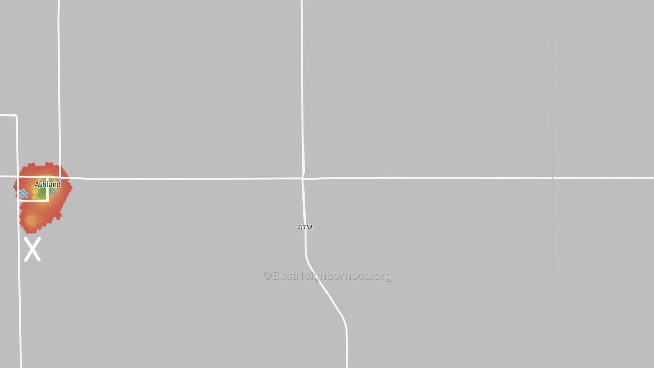Walk Grade map of Sitka, KS, walkable areas in green and car-dependent areas in red