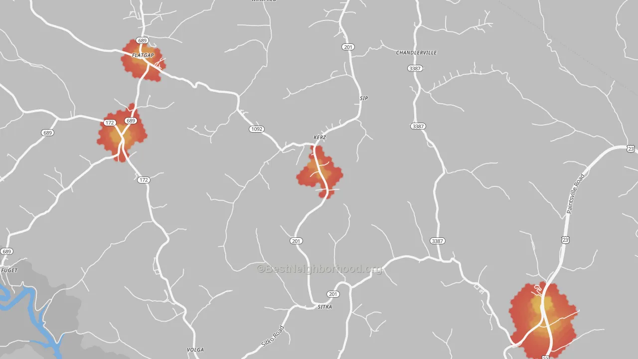 Walk Grade map of Sitka, KY, walkable areas in green and car-dependent areas in red