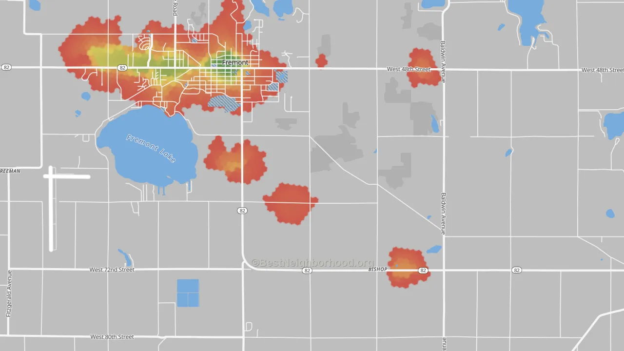 Walk Grade map of Sitka, MI, walkable areas in green and car-dependent areas in red