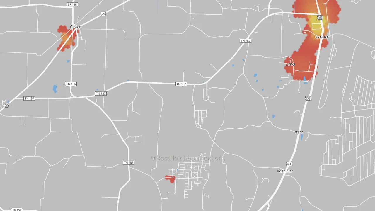 Walk Grade map of Sitka, TN, walkable areas in green and car-dependent areas in red