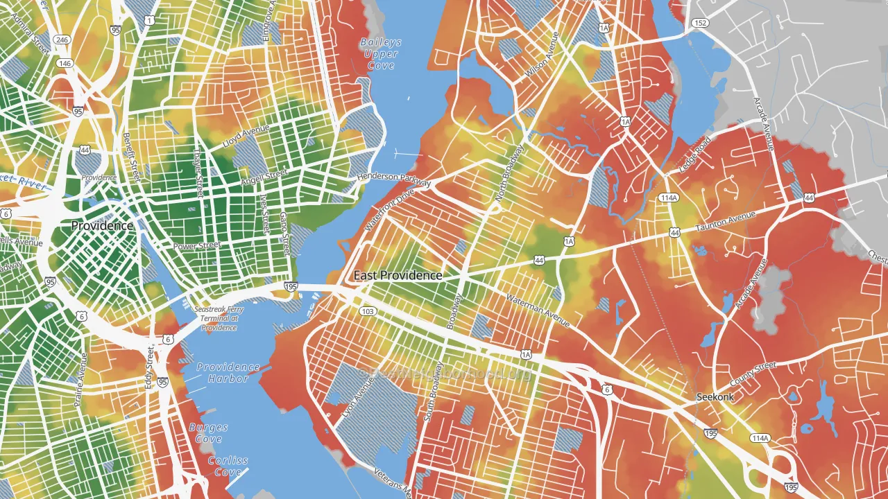 Walk Grade map of Six Corners, East Providence, RI, walkable areas in green and car-dependent areas in red