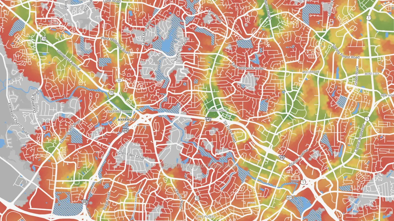 Walk Grade map of Six Forks, Raleigh, NC, walkable areas in green and car-dependent areas in red