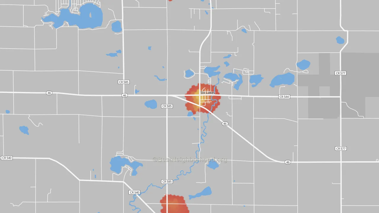 Walk Grade map of Six Lakes, MI, walkable areas in green and car-dependent areas in red