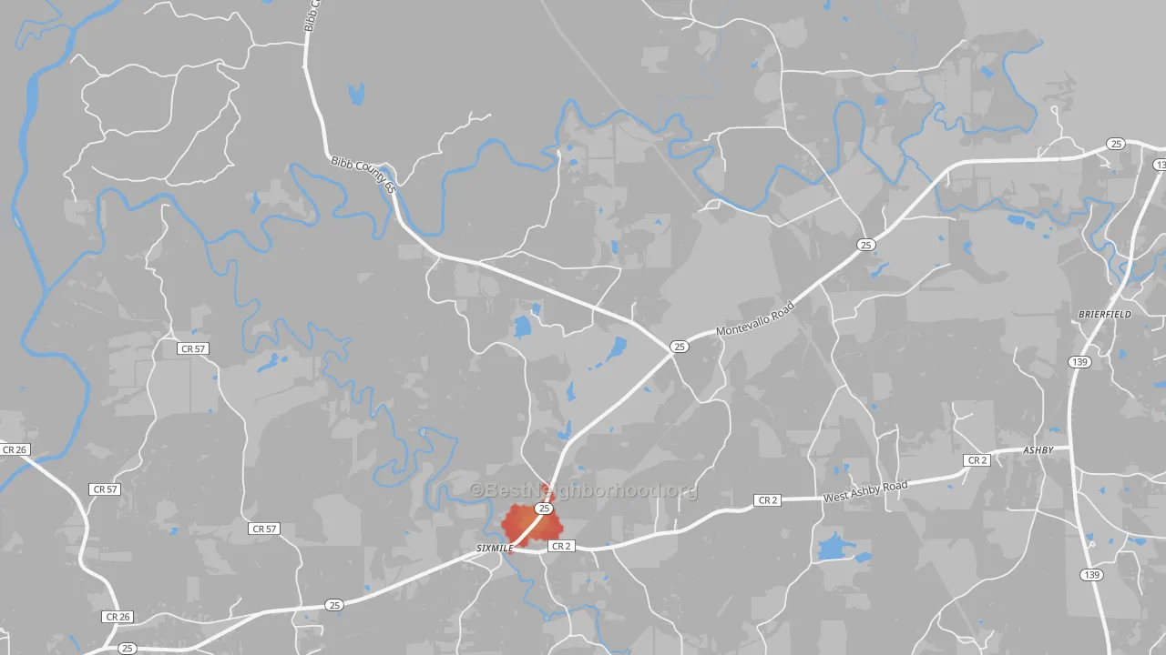 Walk Grade map of Six Mile, AL, walkable areas in green and car-dependent areas in red