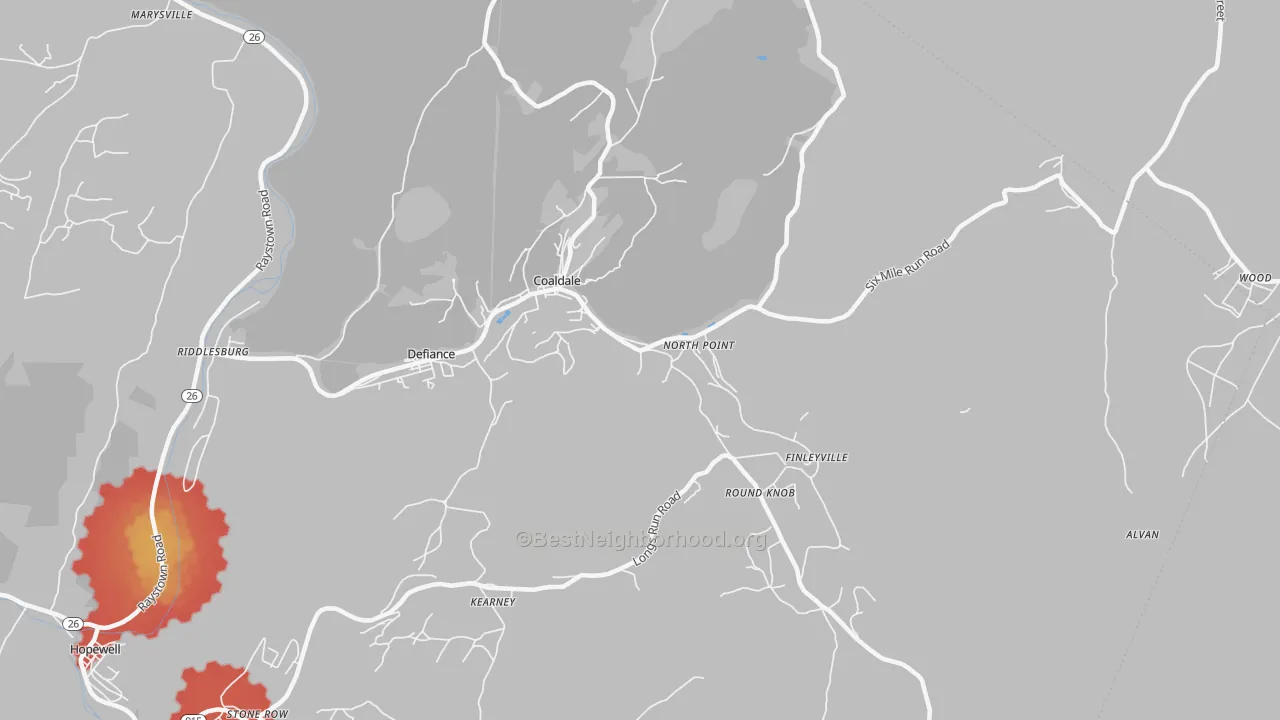 Walk Grade map of Six Mile Run, PA, walkable areas in green and car-dependent areas in red