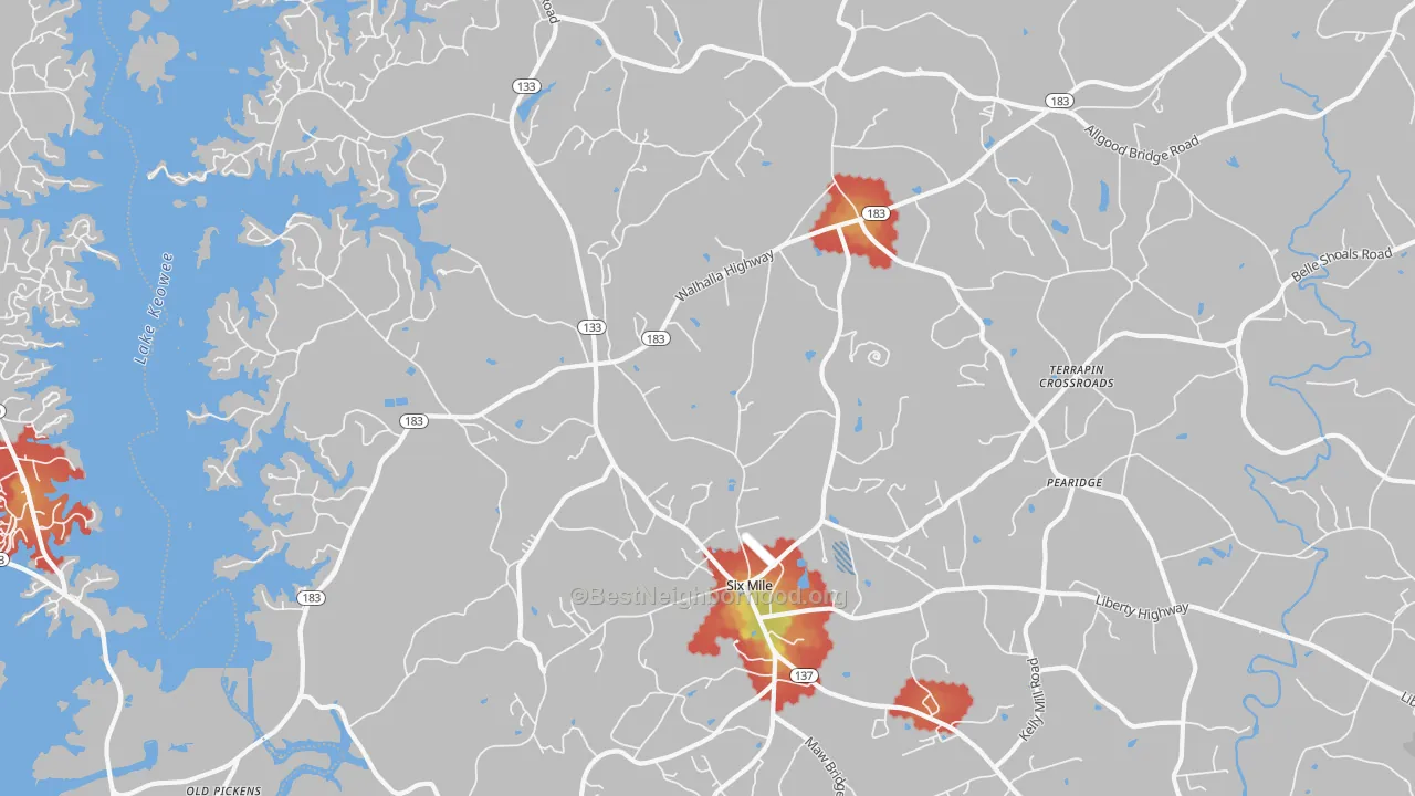 Walk Grade map of Six Mile, SC, walkable areas in green and car-dependent areas in red