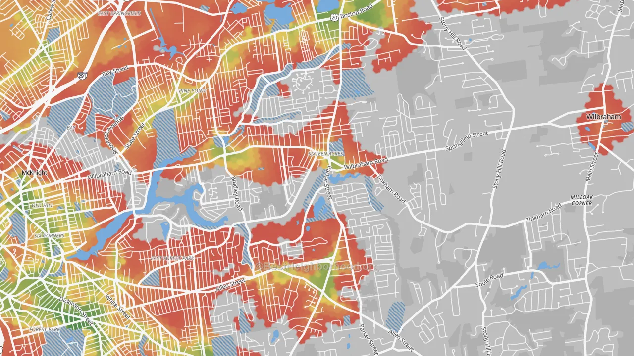 Walk Grade map of Sixteen Acres, Springfield, MA, walkable areas in green and car-dependent areas in red