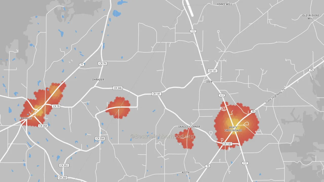 Walk Grade map of Skaggs Corner, AL, walkable areas in green and car-dependent areas in red