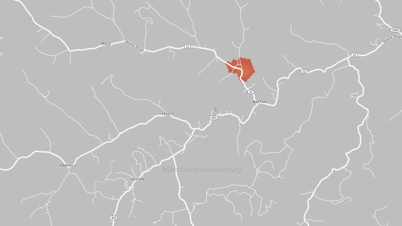 Walk Grade map of Skaggs, KY, walkable areas in green and car-dependent areas in red