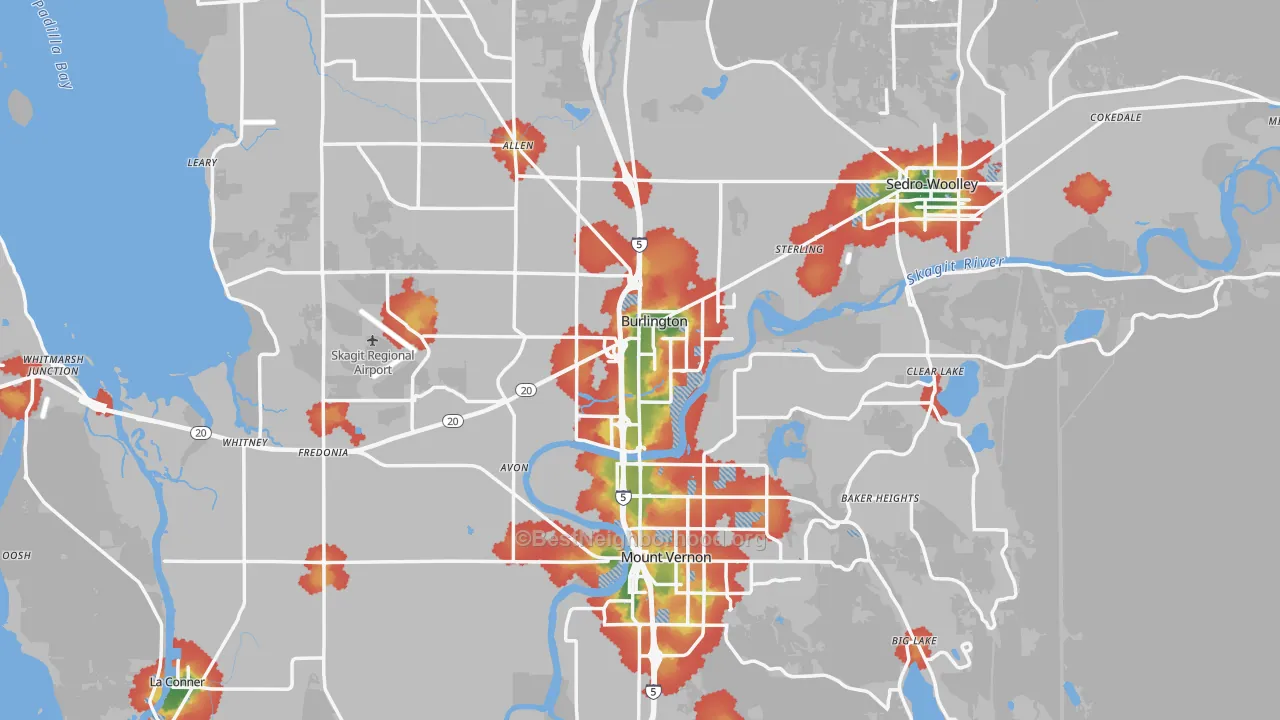 Walk Grade map of Skagit County, WA, walkable areas in green and car-dependent areas in red