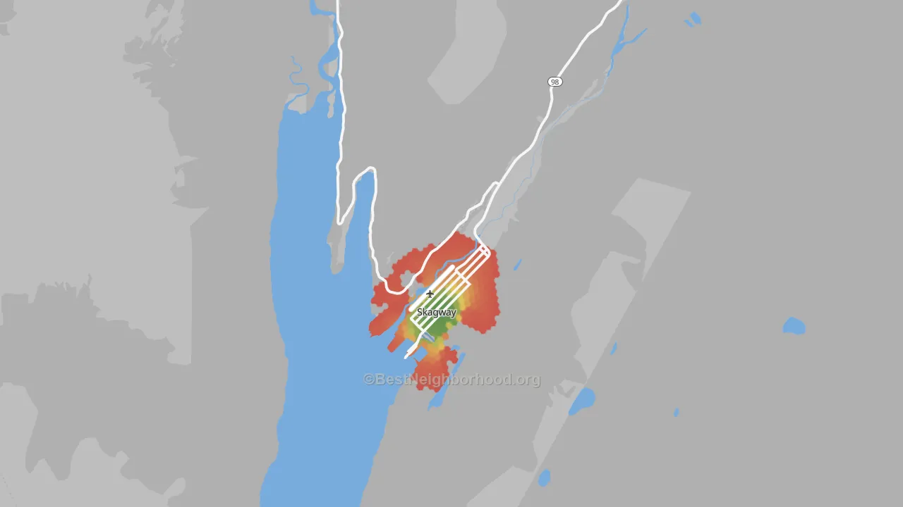 Walk Grade map of Skagway, AK, walkable areas in green and car-dependent areas in red