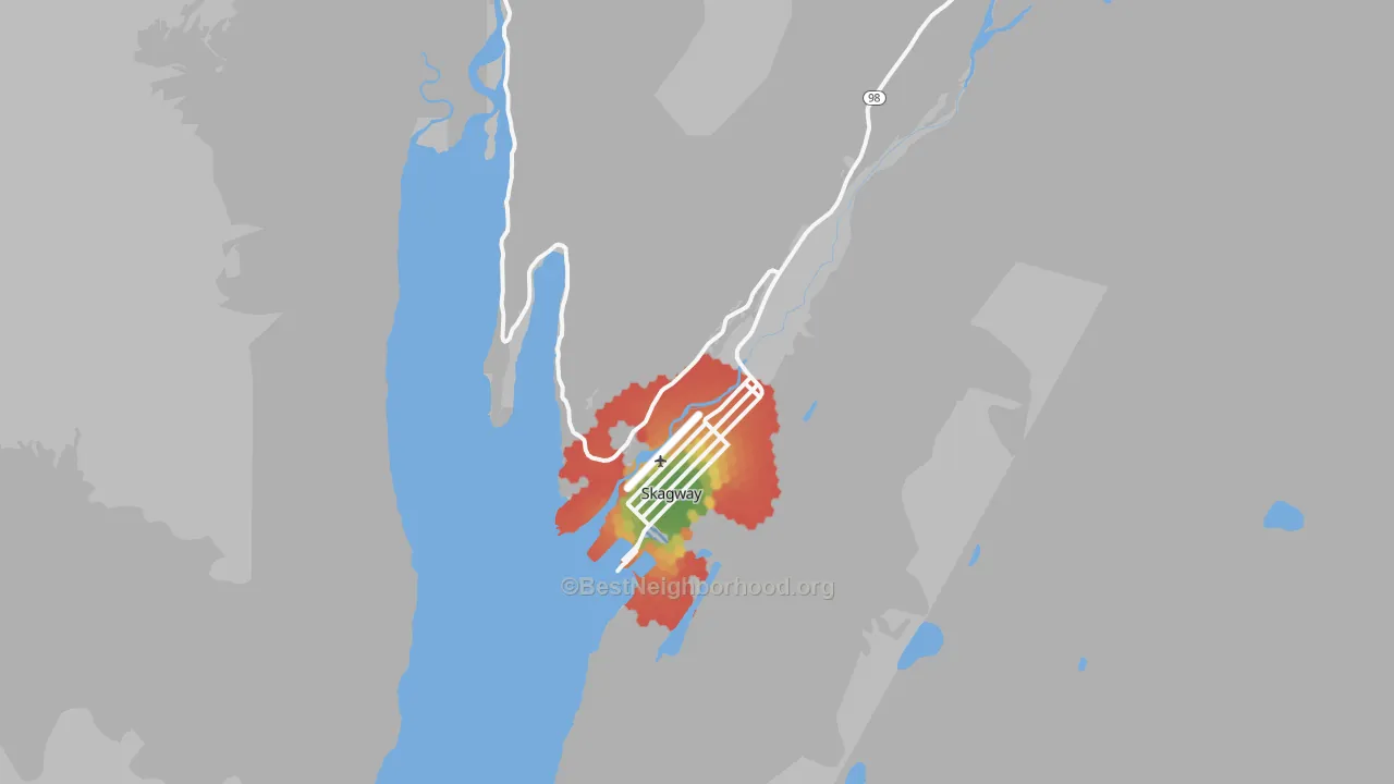 Walk Grade map of Skagway Municipality, AK, walkable areas in green and car-dependent areas in red
