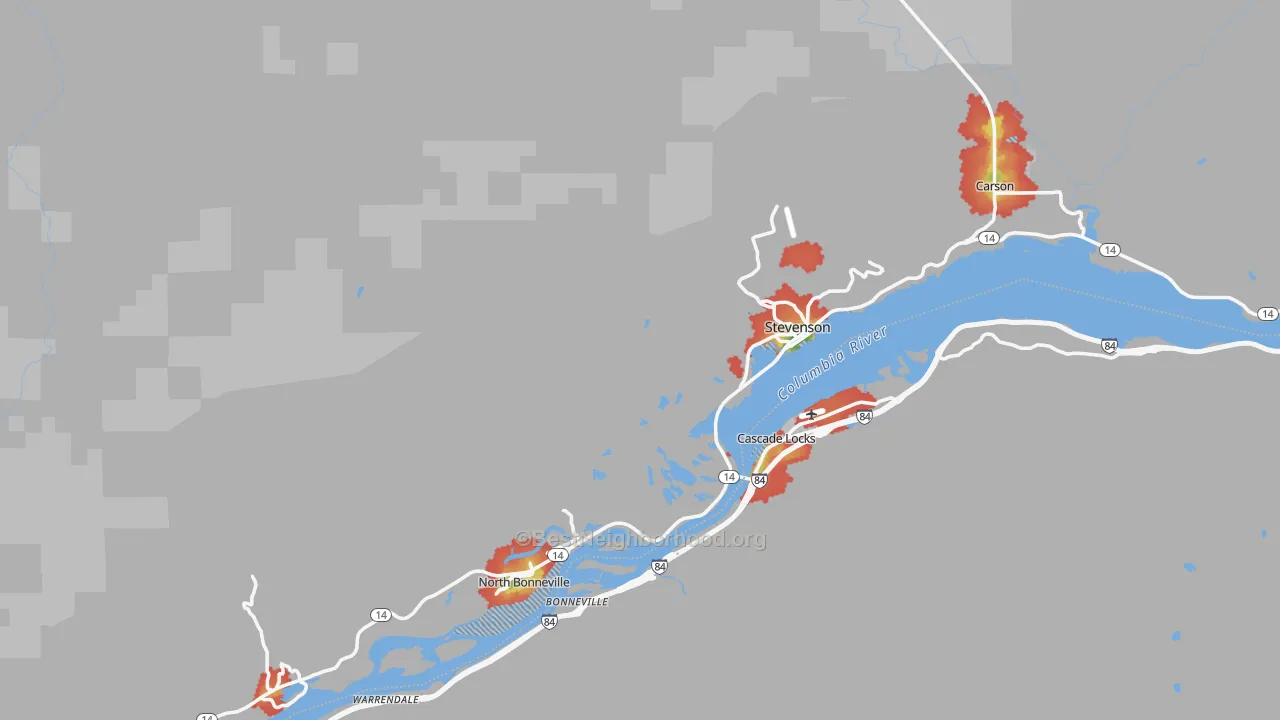 Walk Grade map of Skamania County, WA, walkable areas in green and car-dependent areas in red