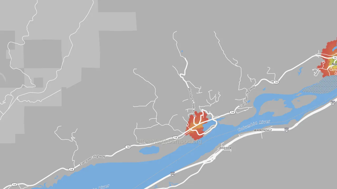 Walk Grade map of Skamania, WA, walkable areas in green and car-dependent areas in red