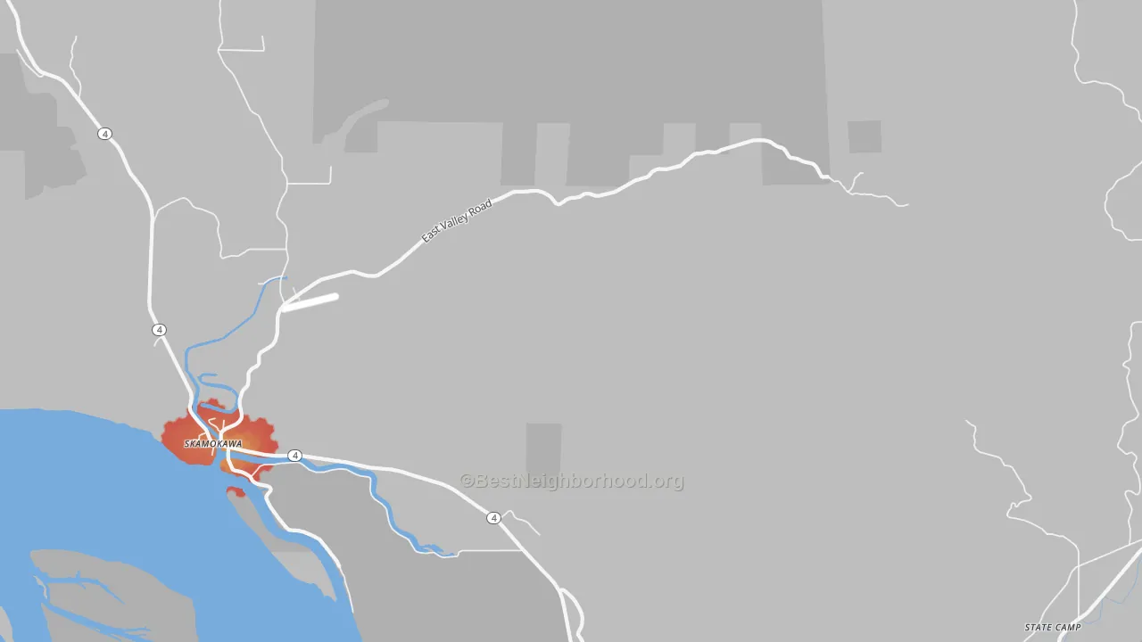 Walk Grade map of Skamokawa Valley, WA, walkable areas in green and car-dependent areas in red