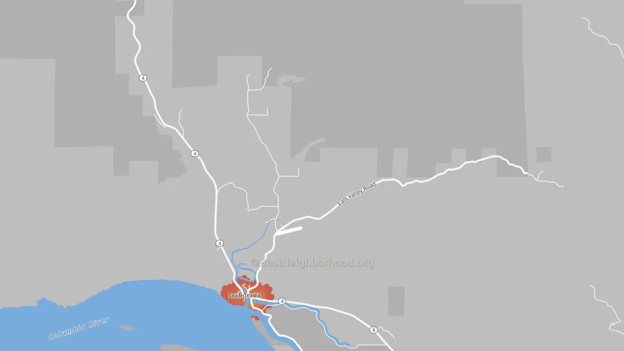 Walk Grade map of Skamokawa, WA, walkable areas in green and car-dependent areas in red