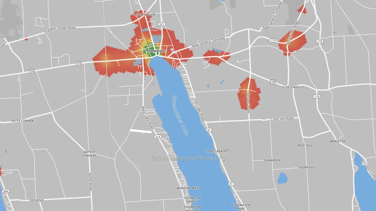 Walk Grade map of Skaneateles, NY, walkable areas in green and car-dependent areas in red