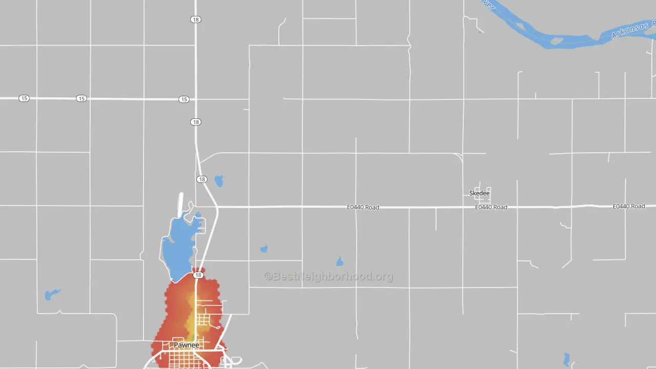 Walk Grade map of Skedee, OK, walkable areas in green and car-dependent areas in red