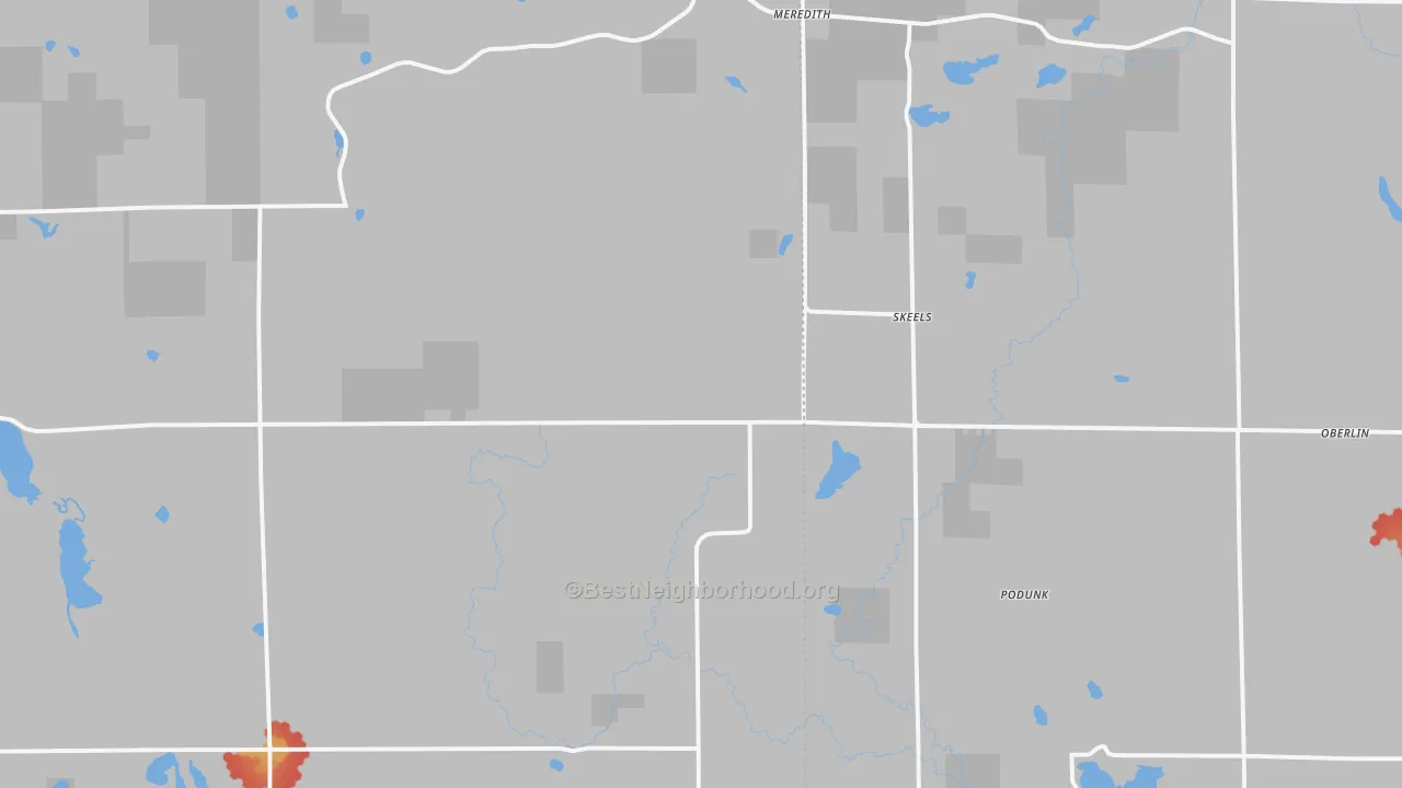 Walk Grade map of Skeels, MI, walkable areas in green and car-dependent areas in red
