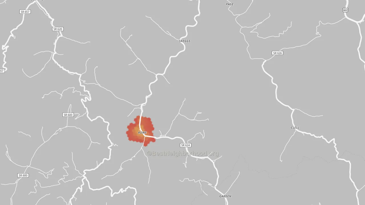 Walk Grade map of Skeggs, VA, walkable areas in green and car-dependent areas in red