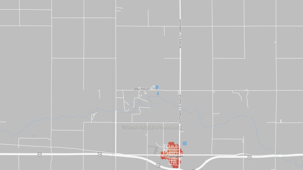 Walk Grade map of Skellyville, KS, walkable areas in green and car-dependent areas in red