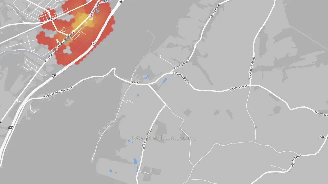 Walk Grade map of Skelp, PA, walkable areas in green and car-dependent areas in red