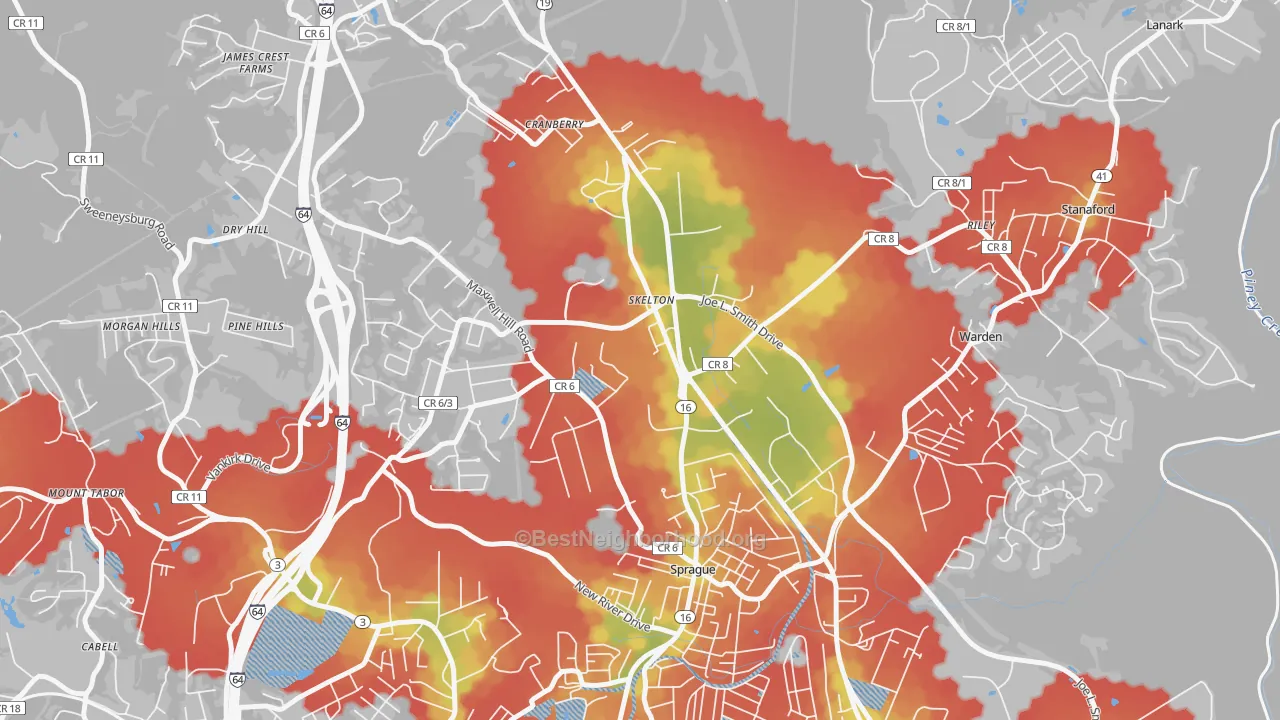 Walk Grade map of Skelton, WV, walkable areas in green and car-dependent areas in red