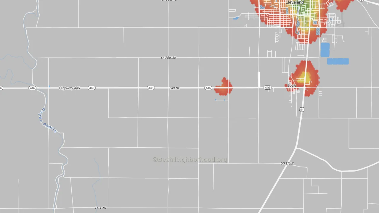 Walk Grade map of Skene, MS, walkable areas in green and car-dependent areas in red