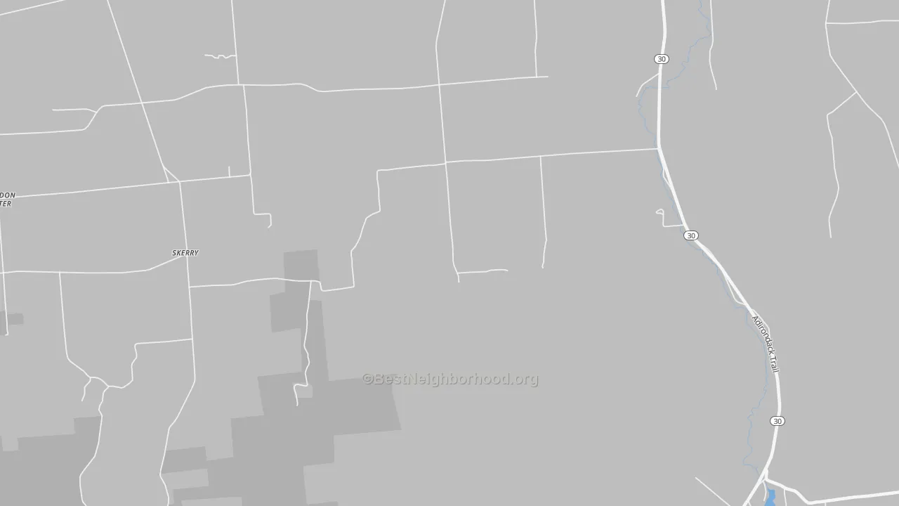 Walk Grade map of Skerry, NY, walkable areas in green and car-dependent areas in red